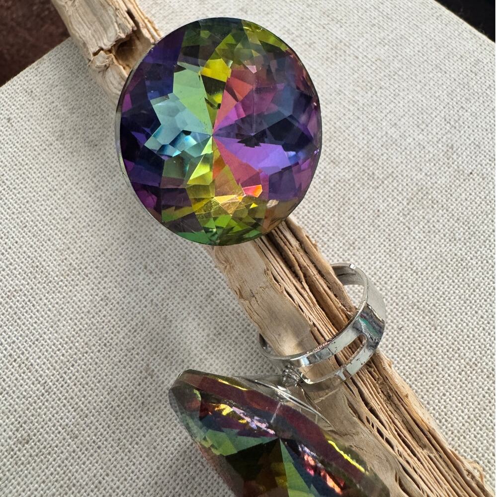 Volcano Crystal Statement Ring Adjustable Iridescent Rainbow Cocktail Ring